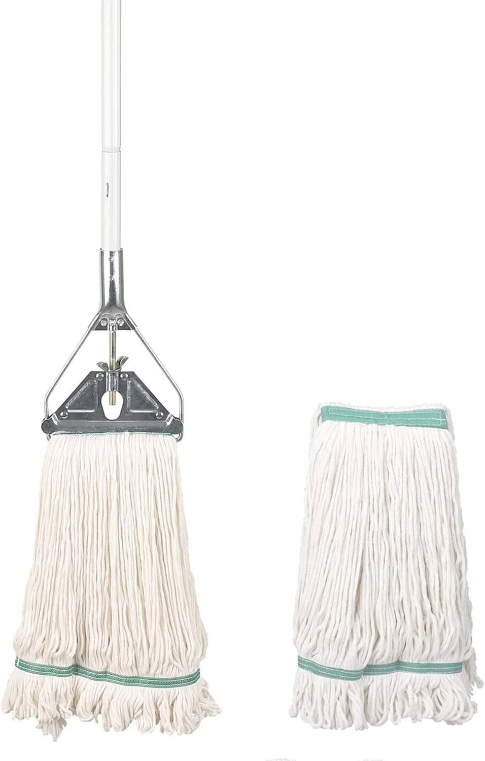 Two string mop heads with white cotton yarn and teal band, including replacement