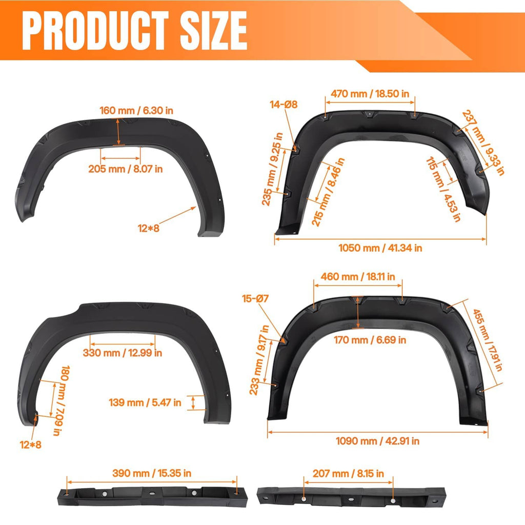Black wheel fender flare set with size diagram and measurement callouts
