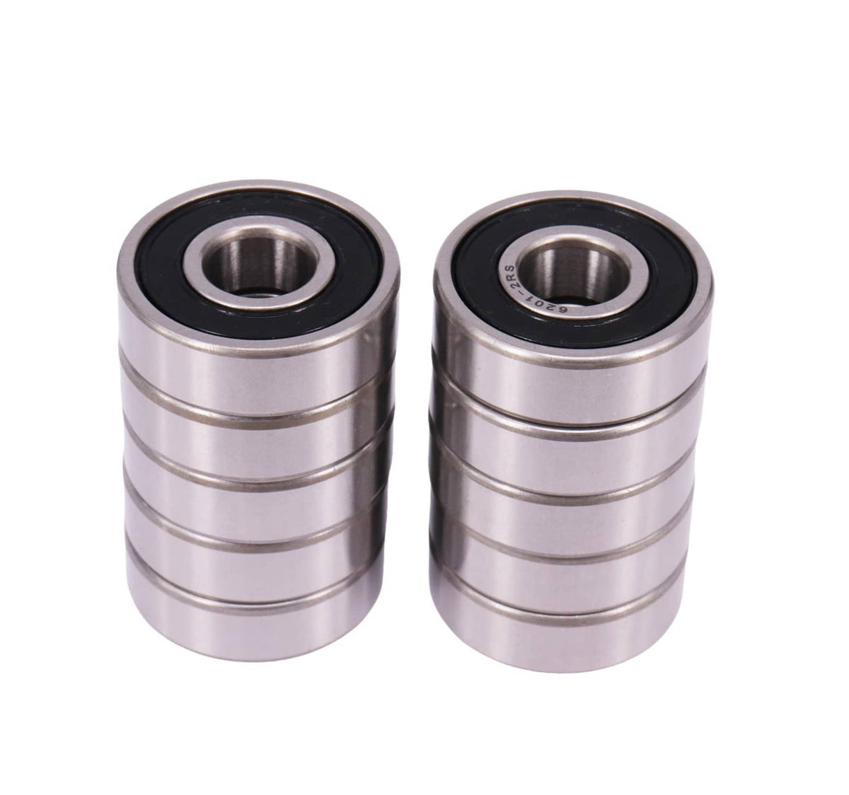 Two double-sealed deep groove ball bearings, polished metal bodies with black rubber seals