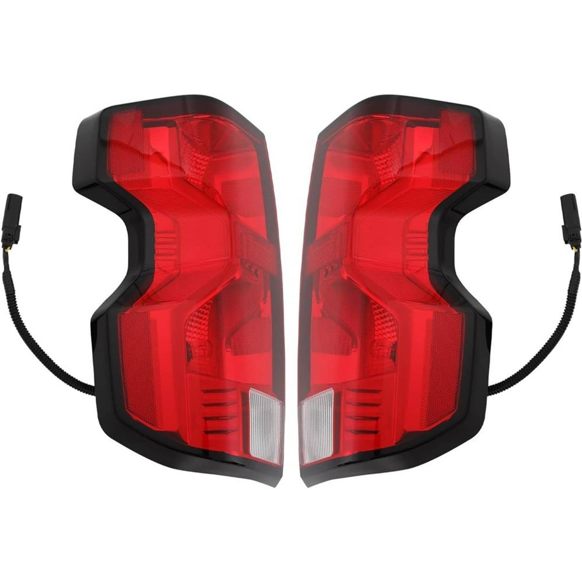 Pair of red and clear tail light assemblies with black housings and plug wires