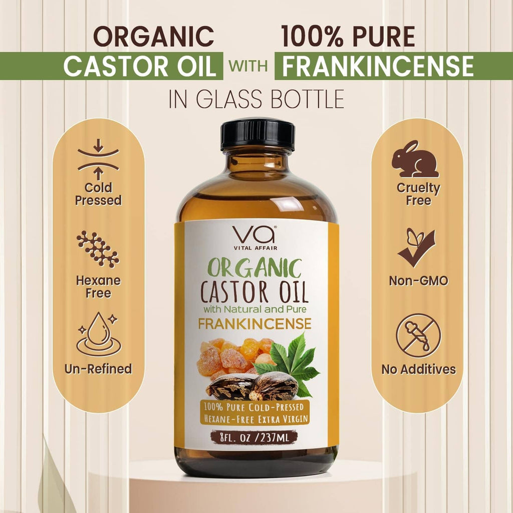 Organic castor oil with frankincense glass bottle, front label on package