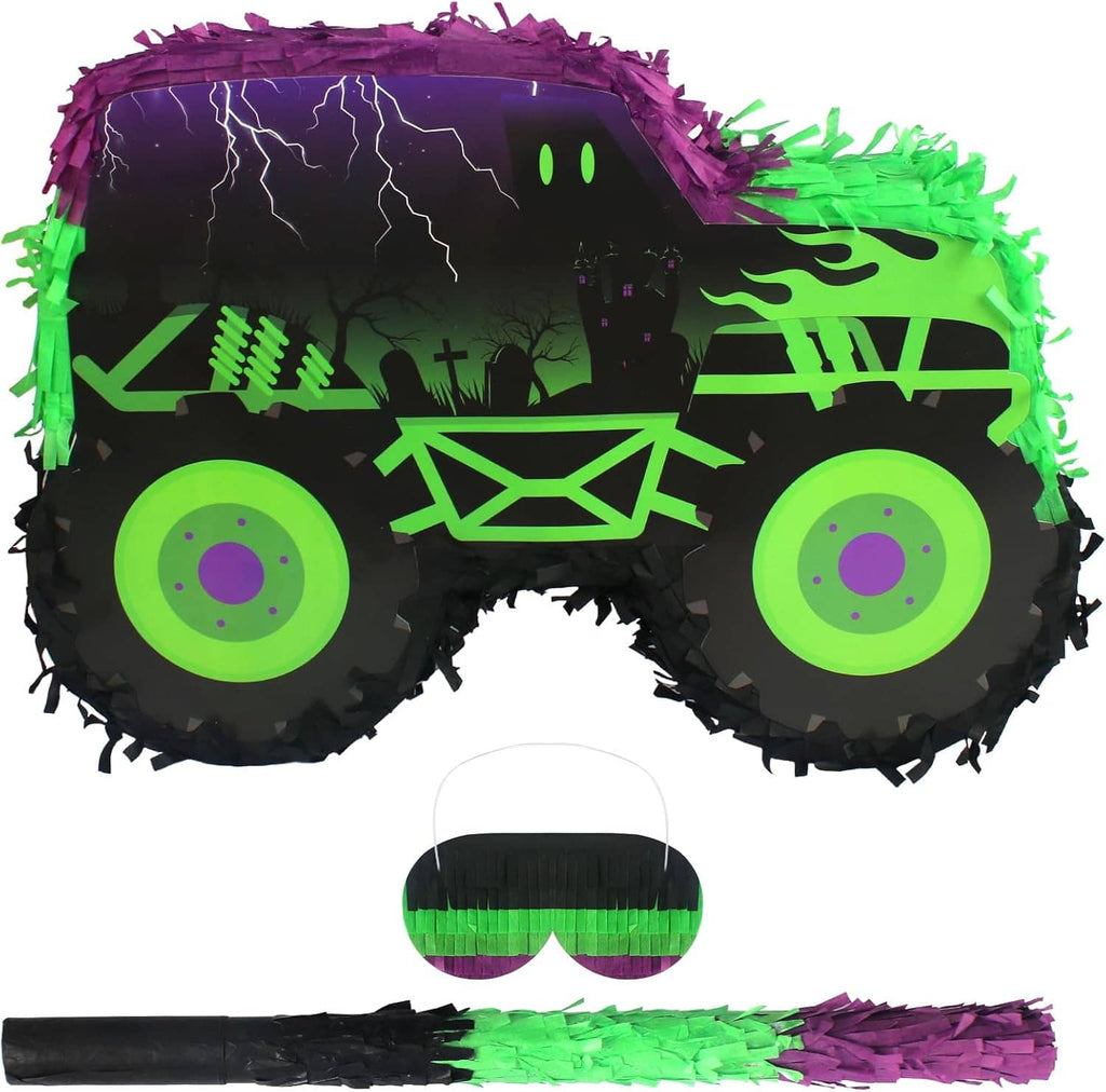Monster truck-shaped pinata with green/purple accents, includes stick and blindfold