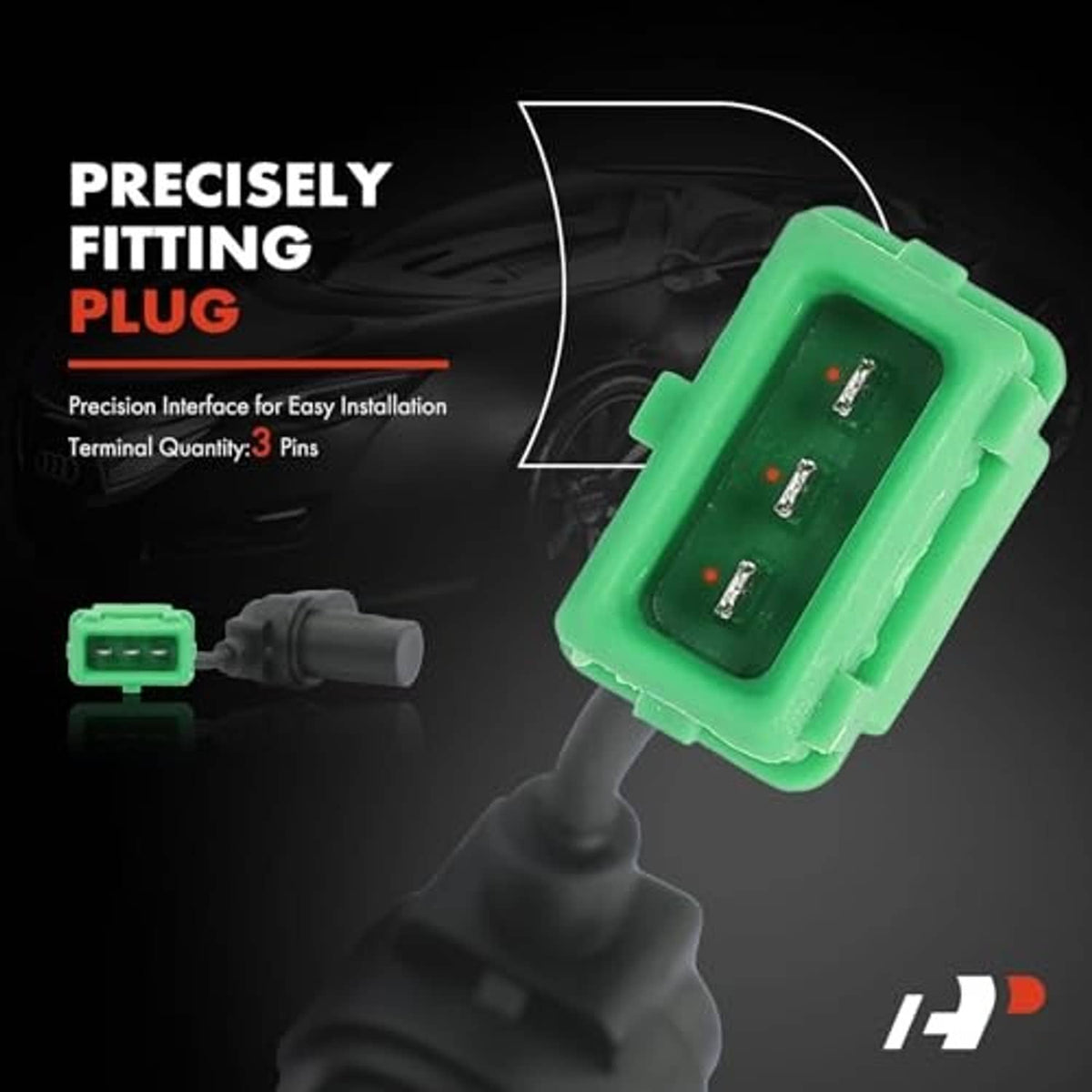 Camshaft position sensor with green 3-pin plug and black cable connector