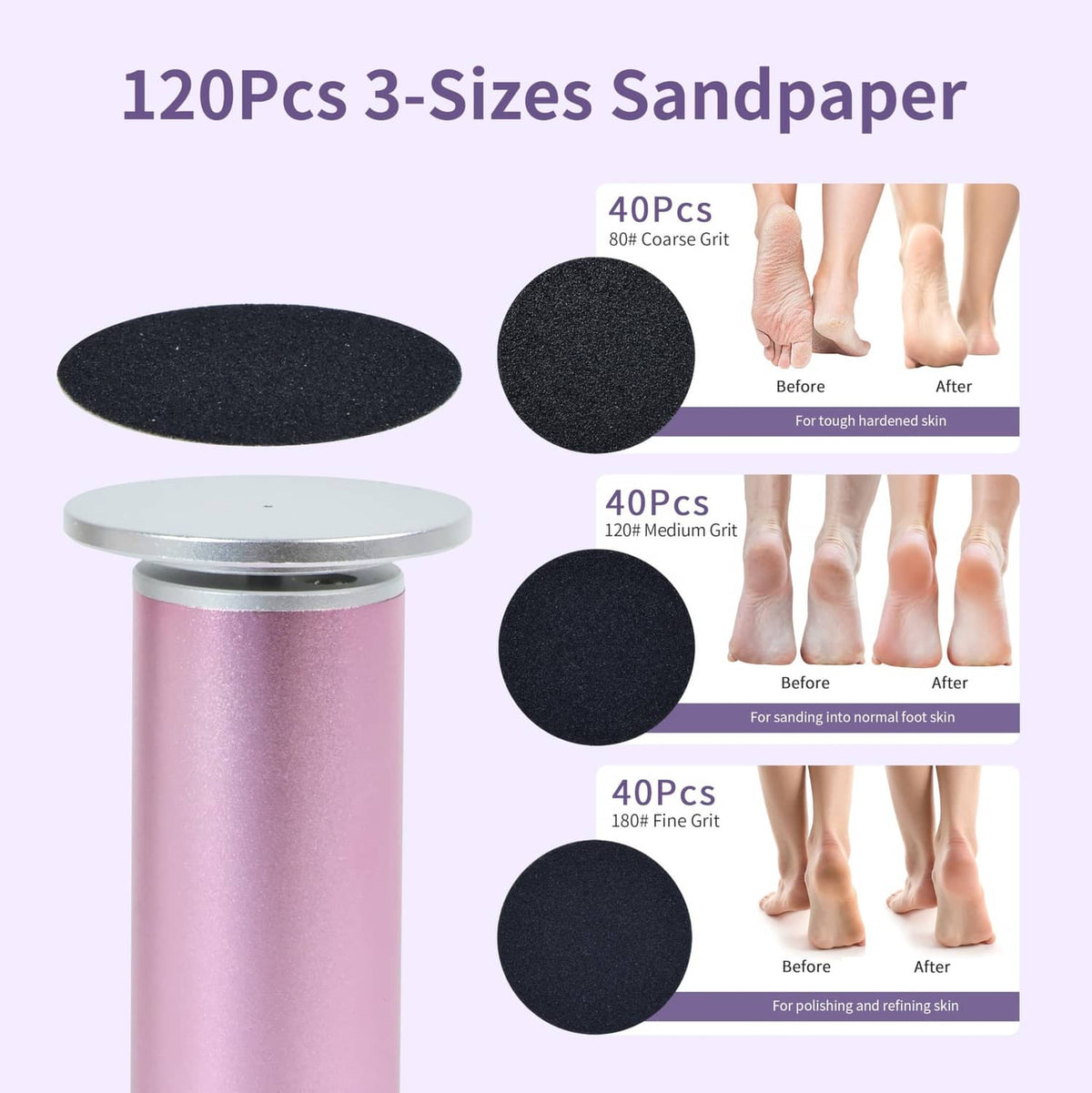 Electric foot callus remover canister with three black sanding pads for foot care