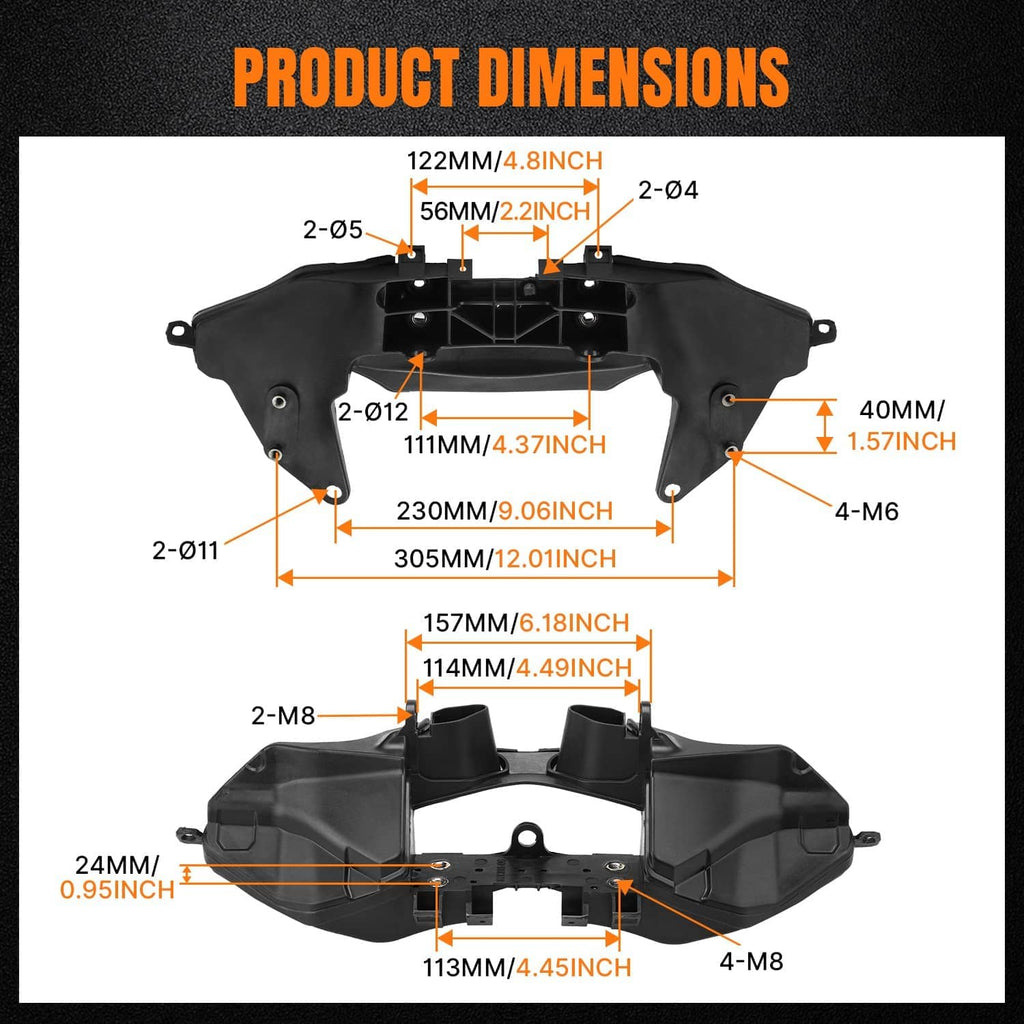 Headlight stay bracket size diagram with labeled measurements in inches and mm