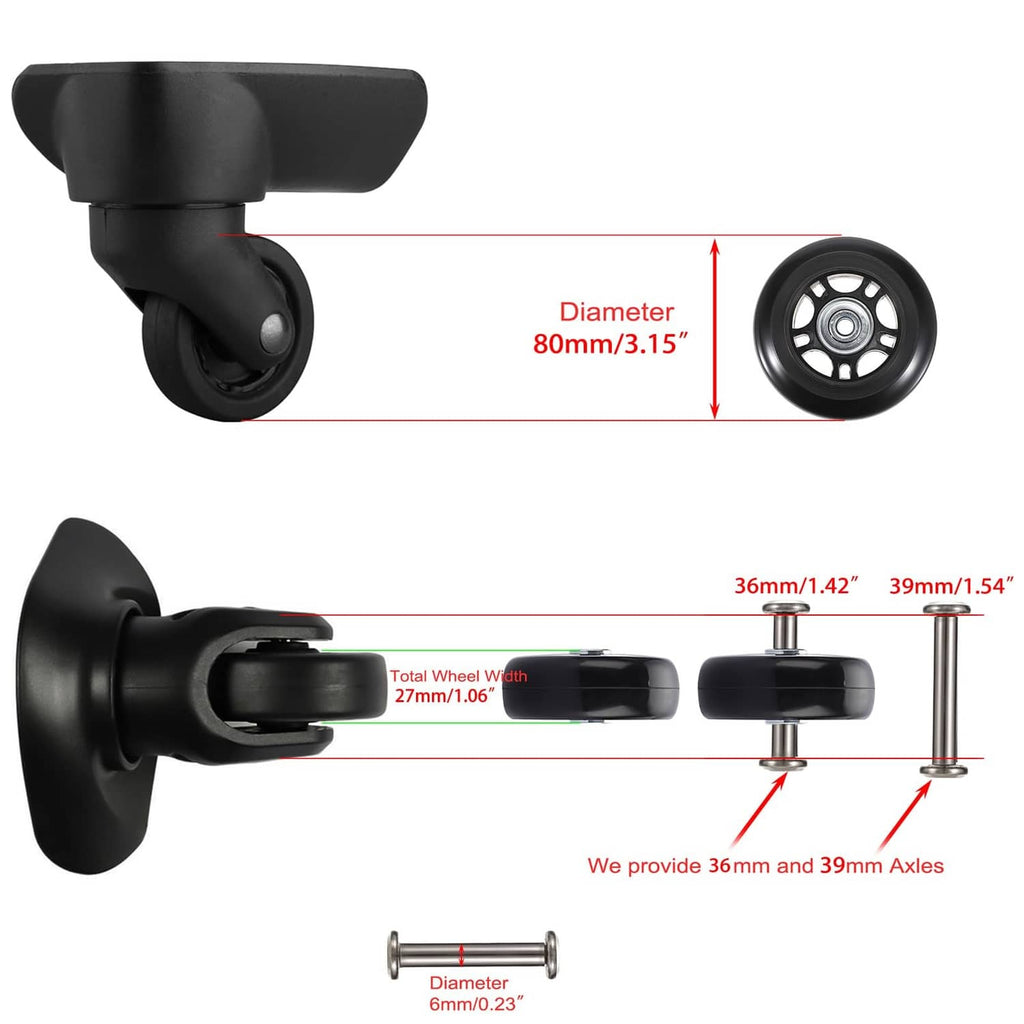 Black luggage caster wheel assembly with bracket and axle, 80mm diameter