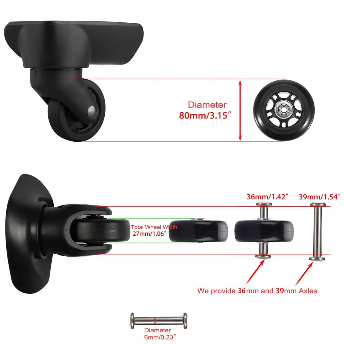 Black luggage caster wheel assembly with bracket and axle, 80mm diameter