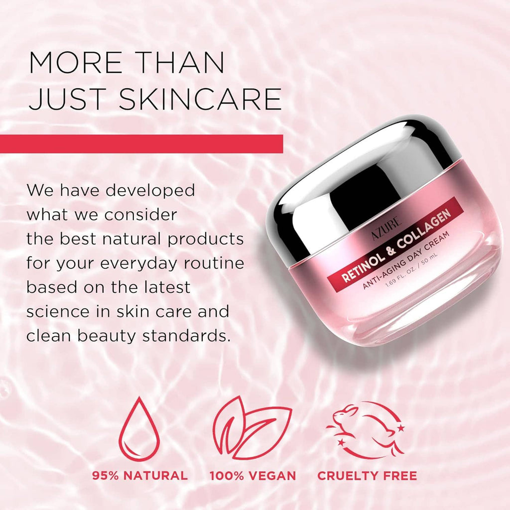 Retinol & collagen anti-aging day cream jar with natural, vegan, and cruelty-free badges
