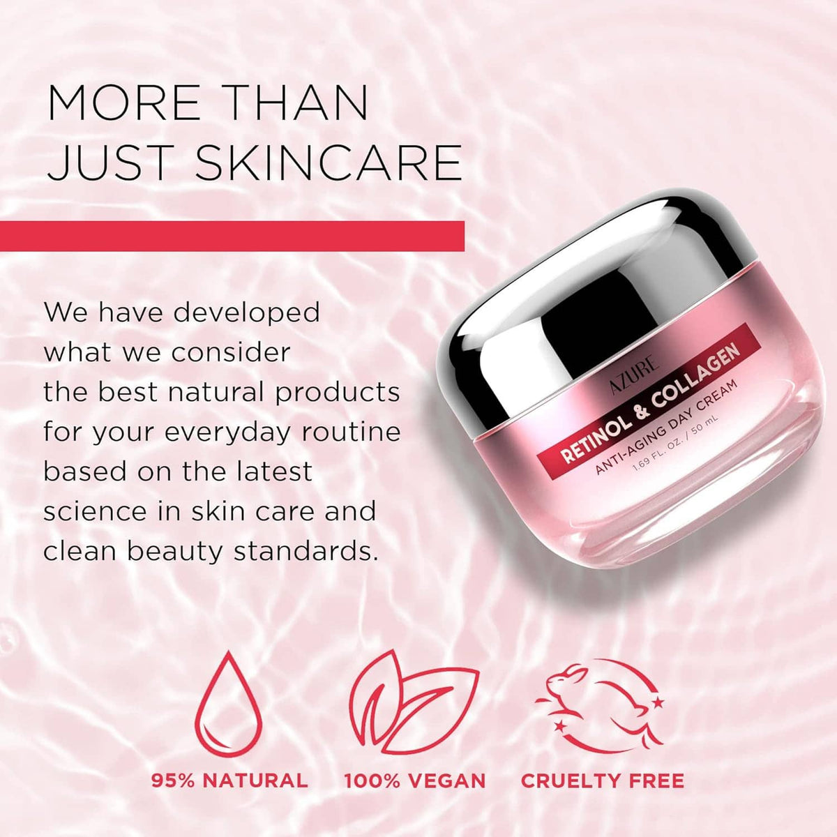Retinol & collagen anti-aging day cream jar with natural, vegan, and cruelty-free badges