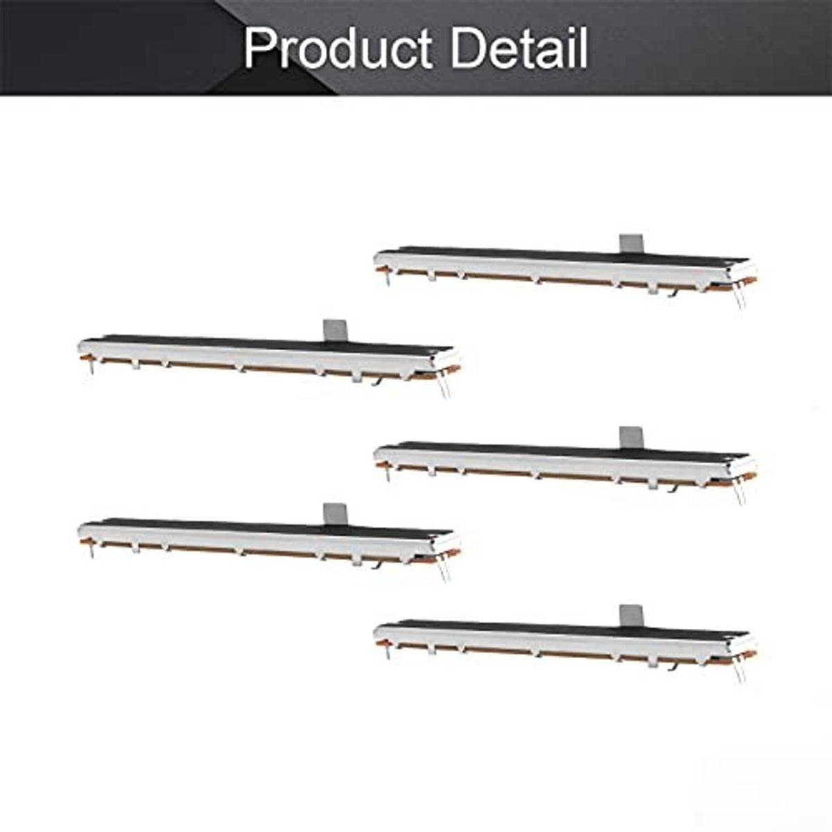 Multiple slide potentiometer fader strips showing 3-pin terminal section and contacts