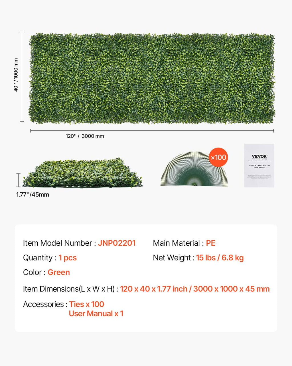 Green artificial grass panel with dimension and model info card