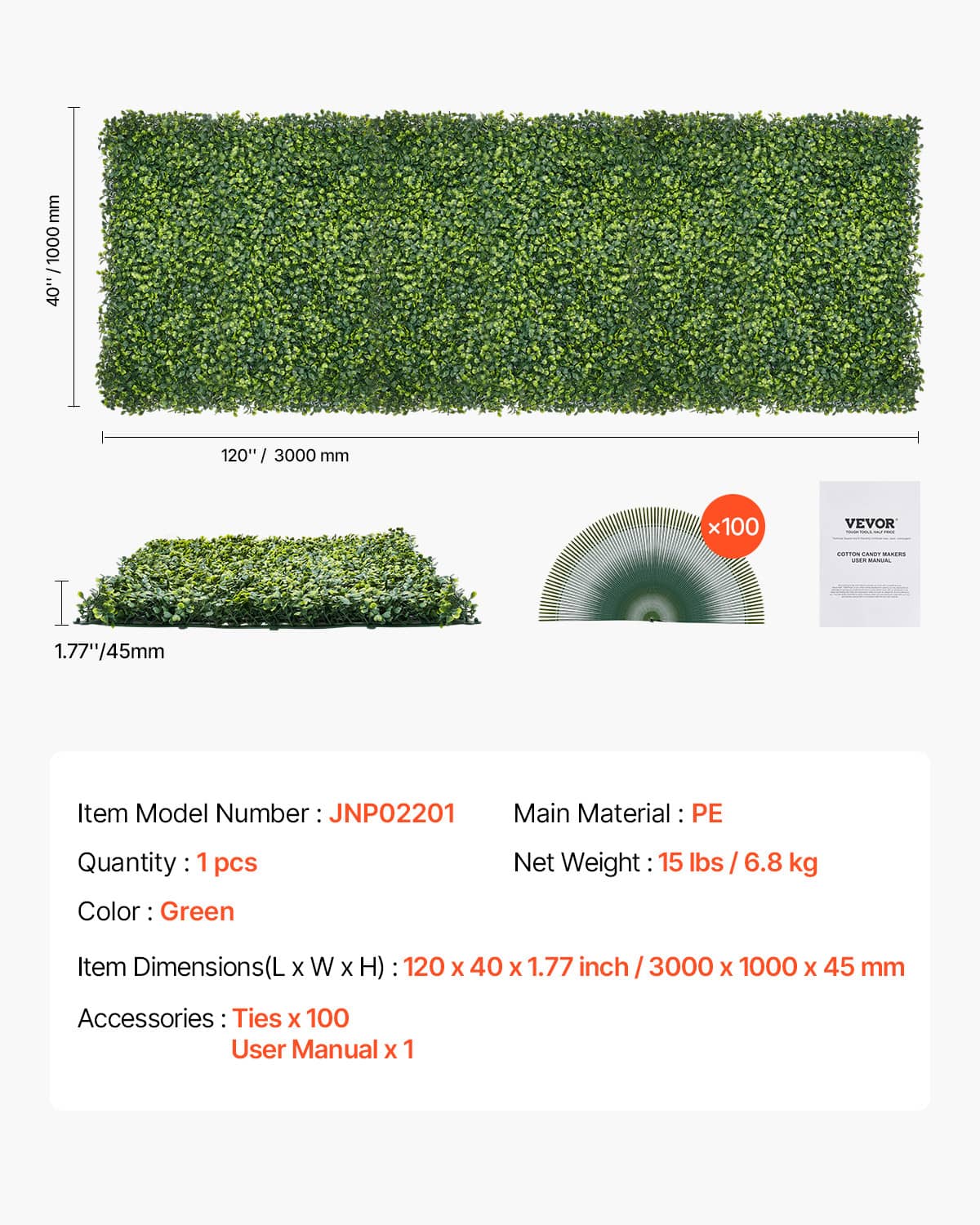 Green artificial grass panel with dimension and model info card
