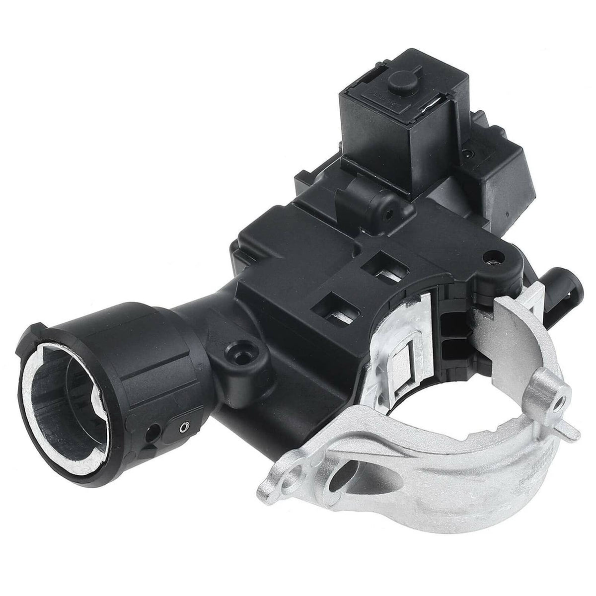Black ignition lock housing assembly with circular socket and metal actuator lever