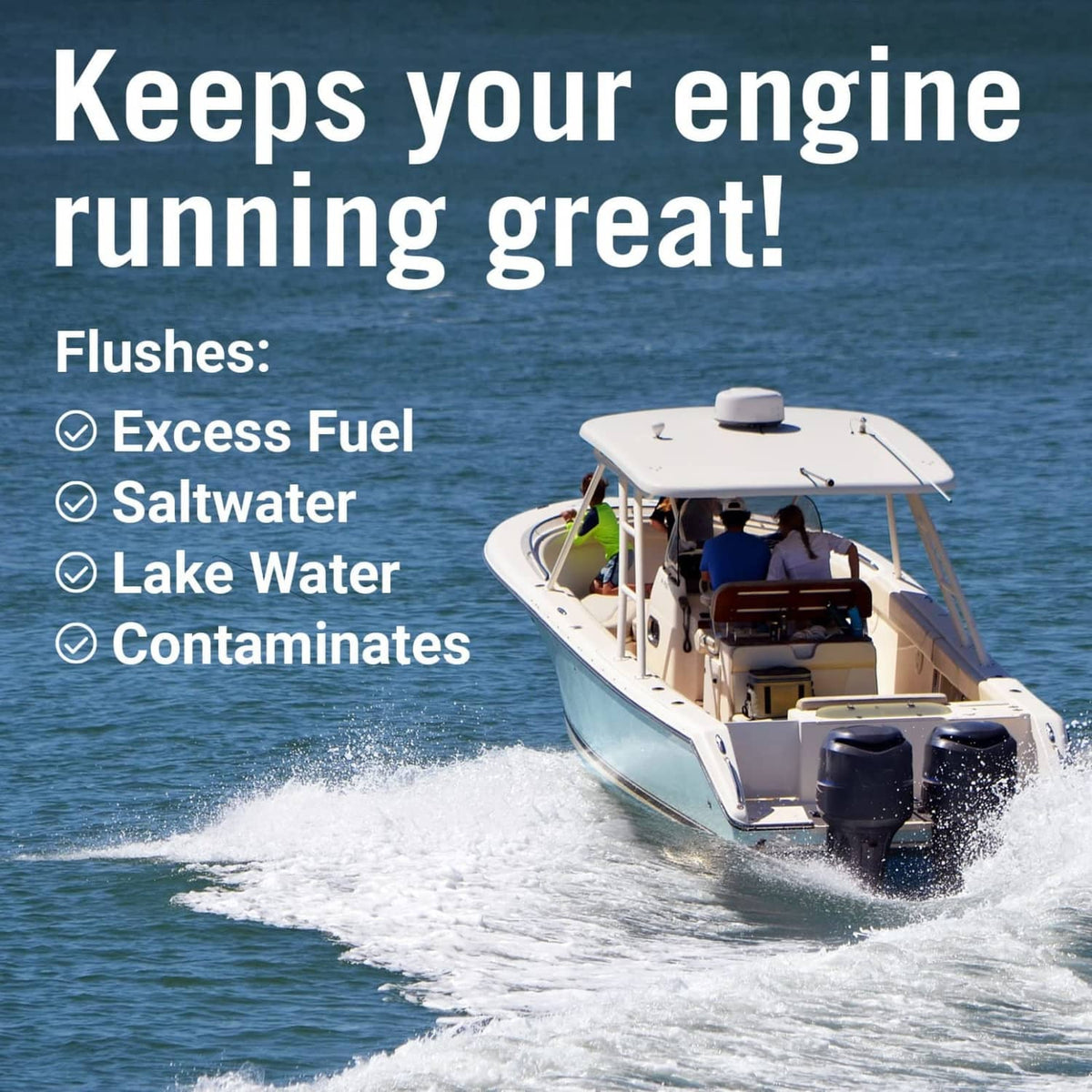 Boat with outboard engine running; Better Boat dual-flow outboard motor flush muffs