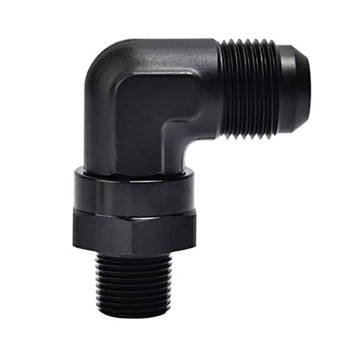 Black 90-degree swivel AN flare-to-NPT adapter, side view of threaded ends