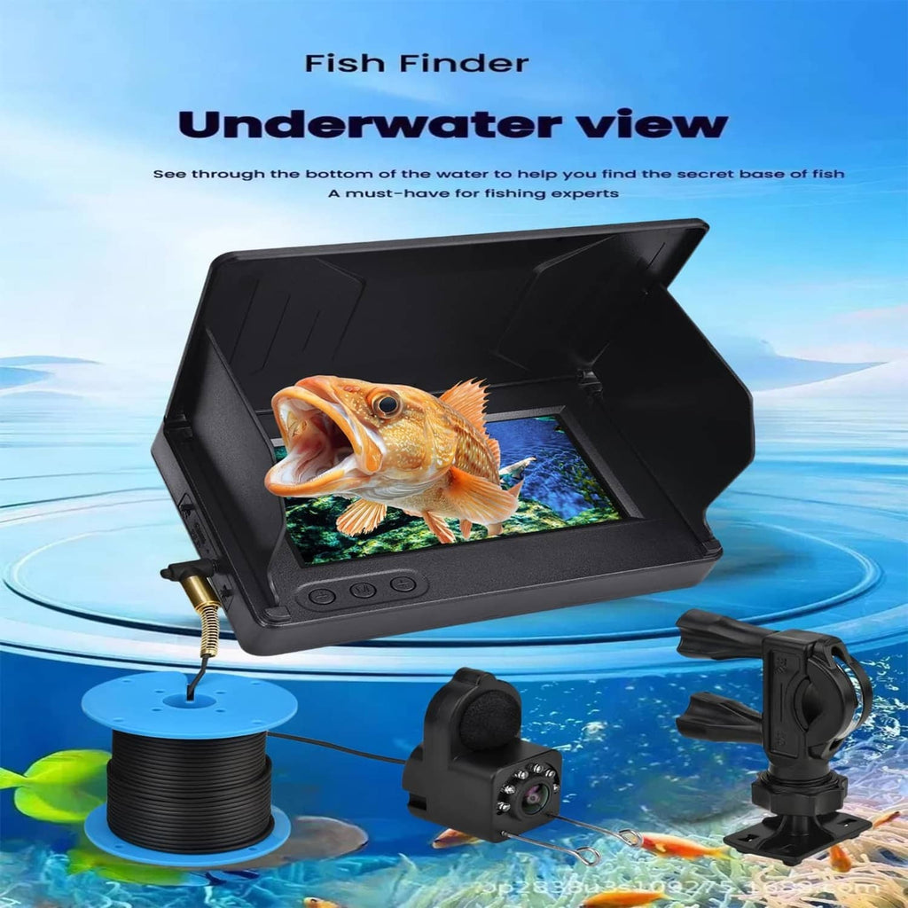 Underwater fishing camera monitor kit with display screen, cable spool, and mount