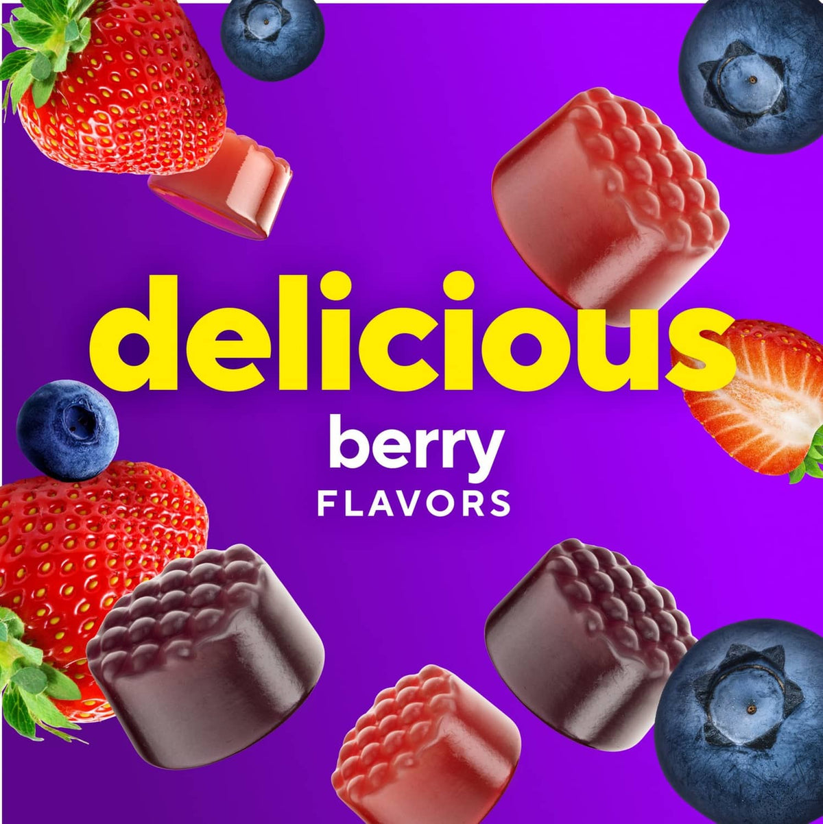 Berry-flavored multivitamin gummy pieces with strawberry and blueberry shapes