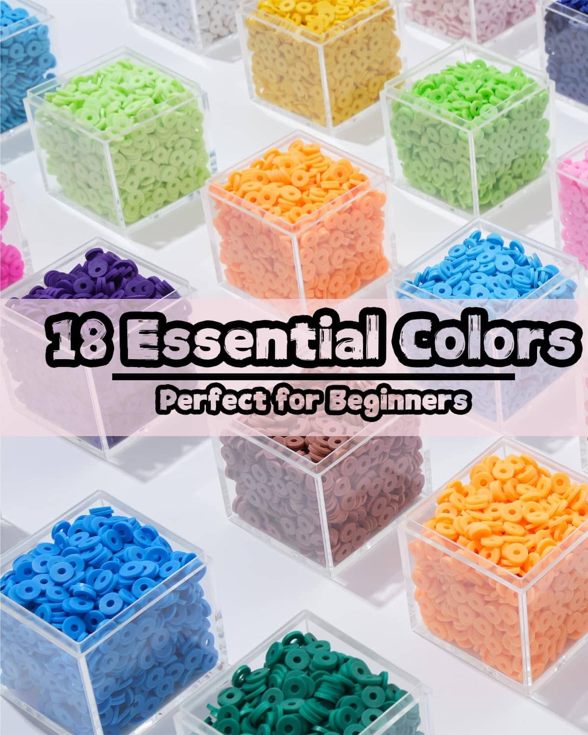 Assorted mini clay beads in clear storage boxes, multiple bright colors