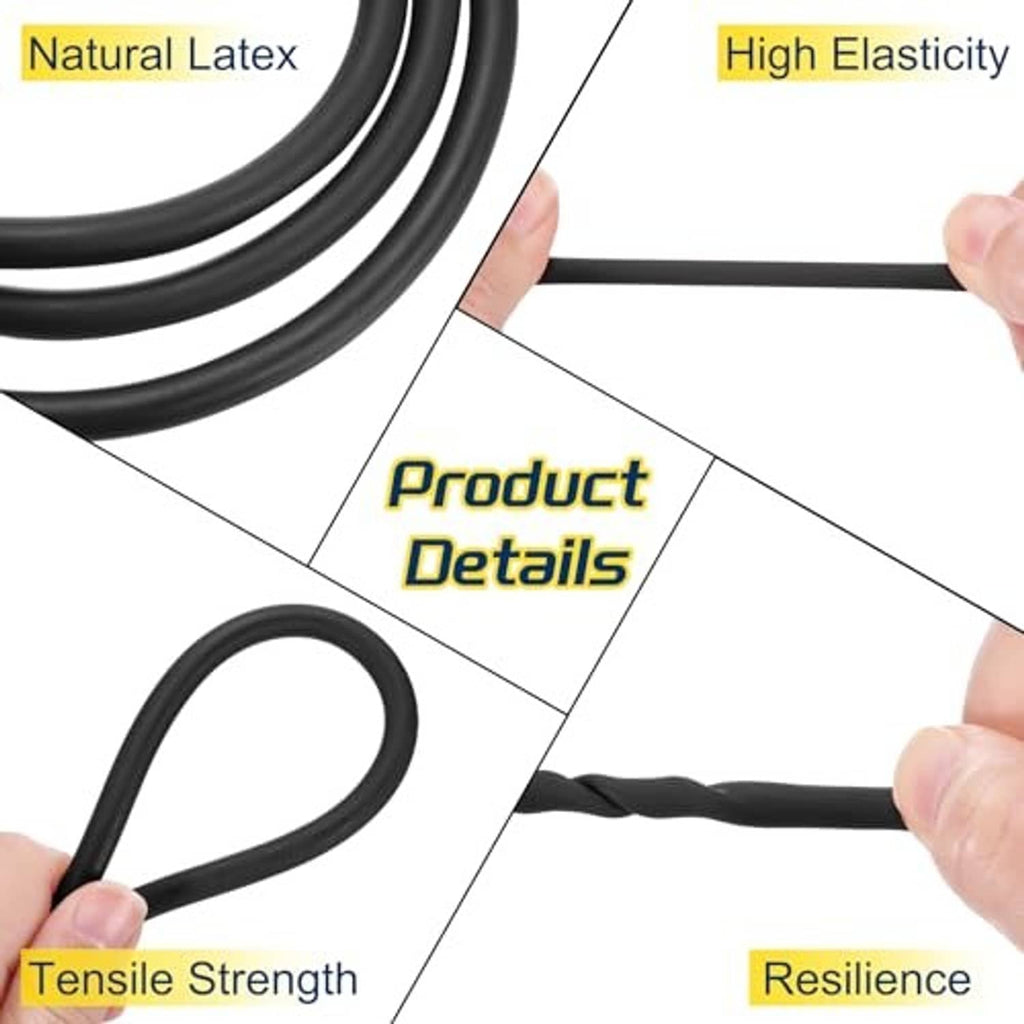 Black rubber tubing held between hands with product detail diagram for elasticity
