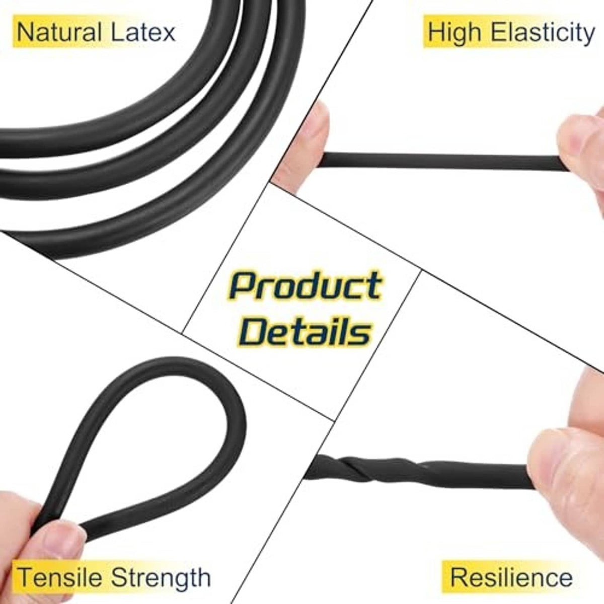 Black rubber tubing held between hands with product detail diagram for elasticity