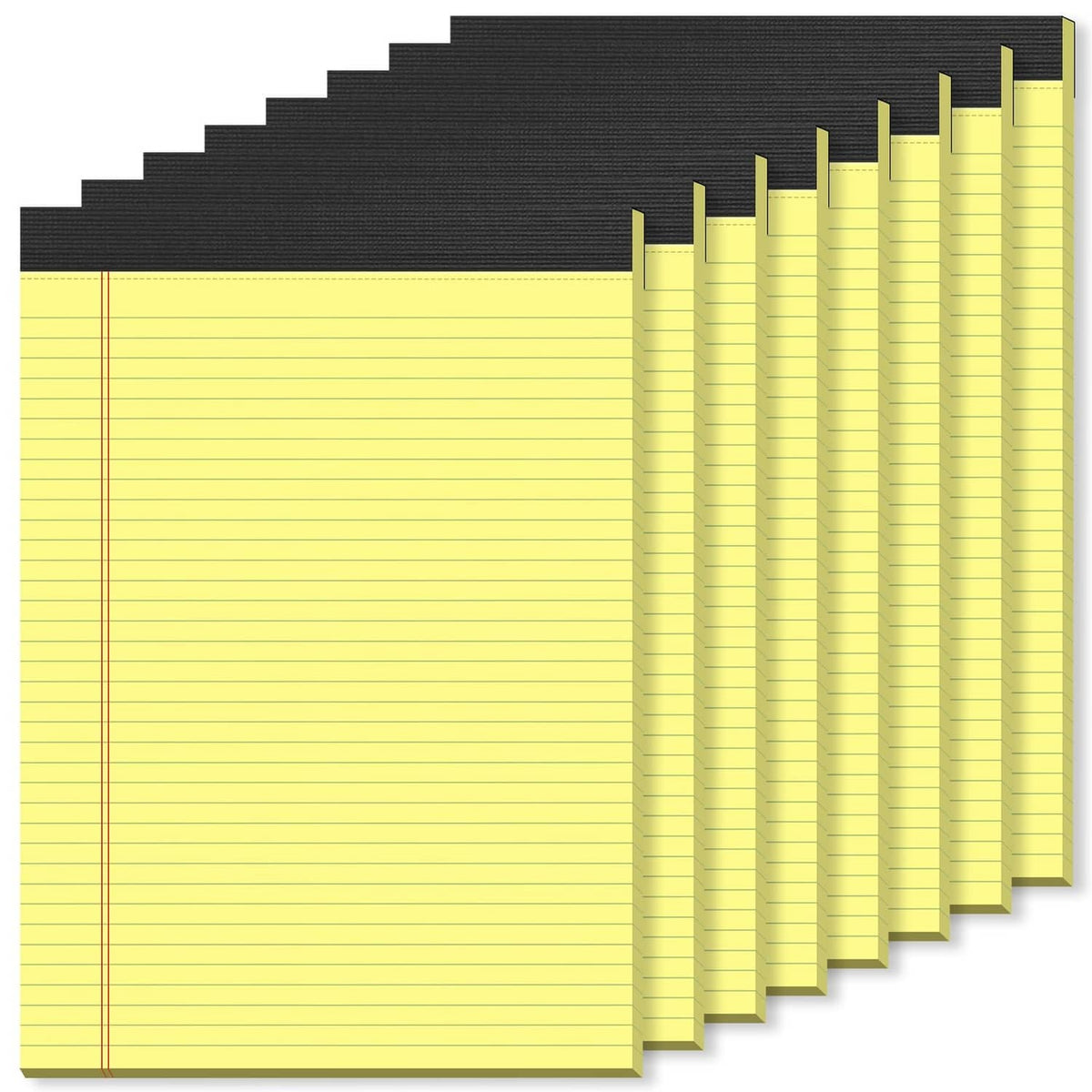 Yellow legal pads stack with black back covers, lined sheets, 8.5 x 11