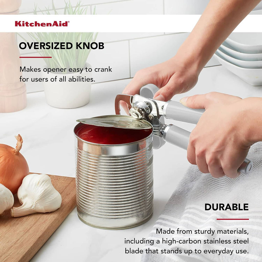 White can and bottle opener with oversized knob for easy cranking