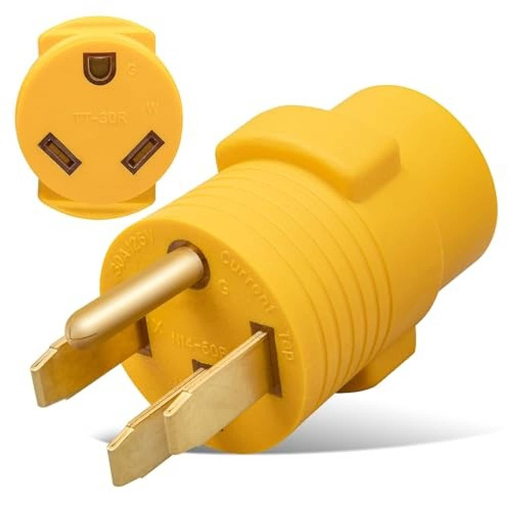Yellow RV adapter plug showing 3-prong TT-30R socket and 4-prong 14-50P plug