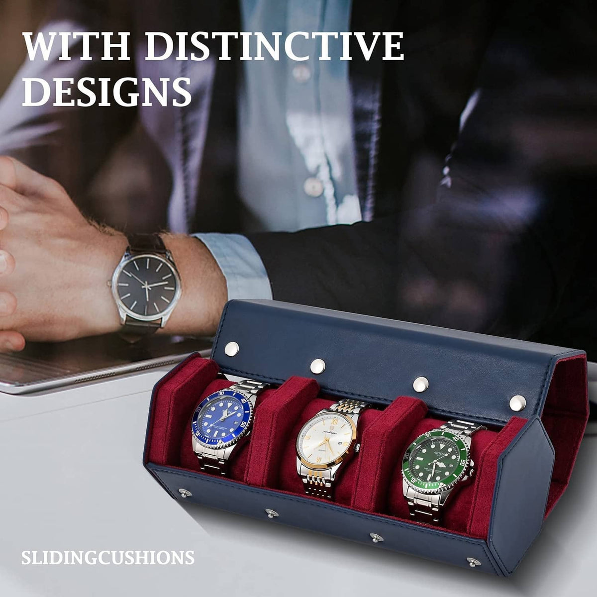 Dark blue leather watch roll case with three red velvet cushions holding three wristwatches