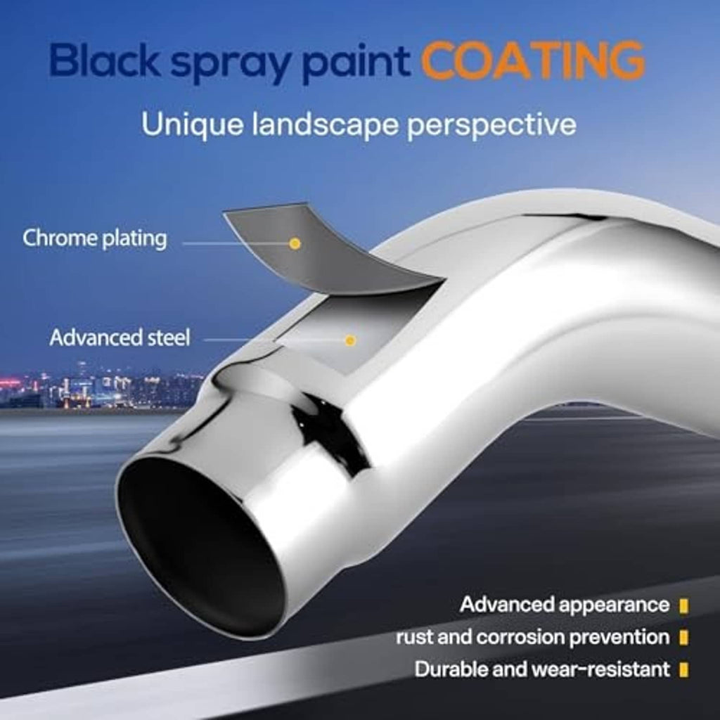 Chrome exhaust elbow tip with black coating accents and curved inlet