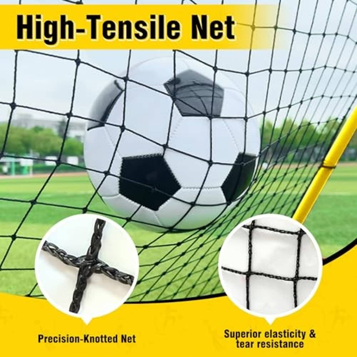 High-tensile rebound net panel with ball, black knotted grid for elastic training