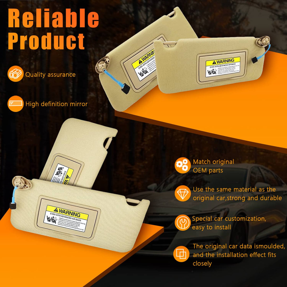 Pair of tan car sun visors with mirror windows, LED lights, and warning labels