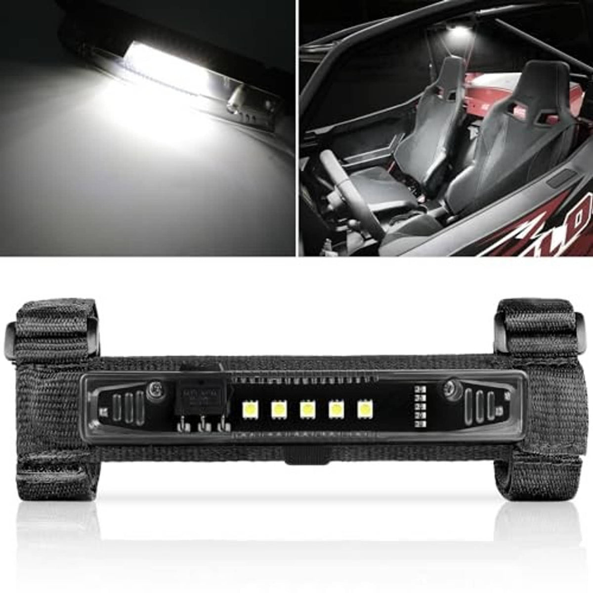Black LED light bar with multiple white LEDs and adjustable fabric mounting straps