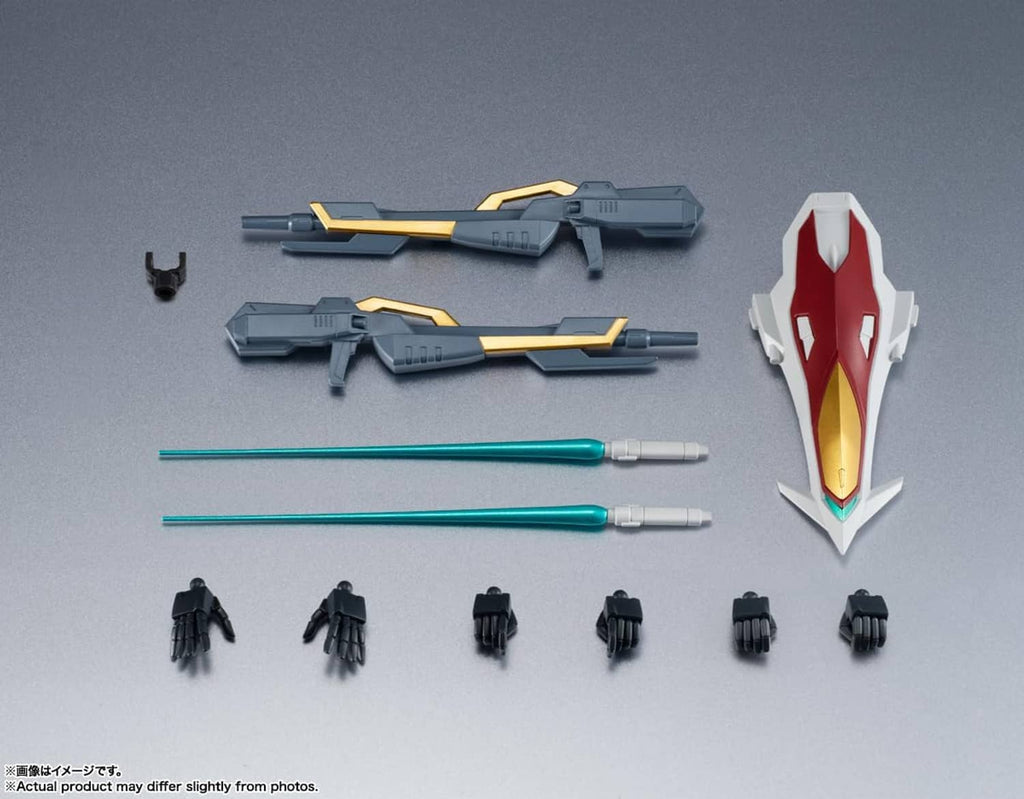 TAMASHII NATIONS Gundam accessory set: rifles, shield, teal beam parts, and extra hands