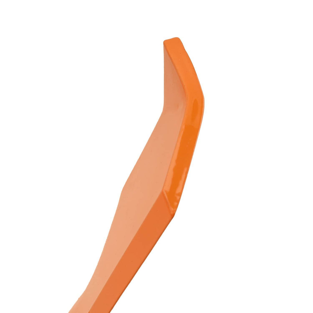 Orange mower blade with curved cutting edge and raised spine