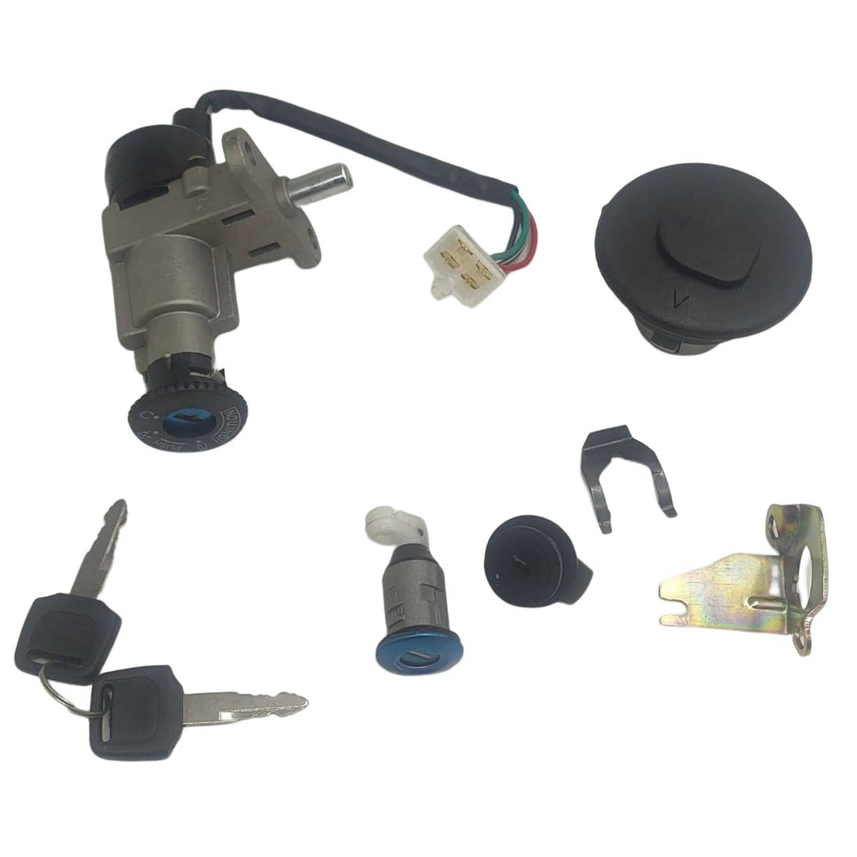 Scooter ignition switch set with gas cap, keys, and blue locking button