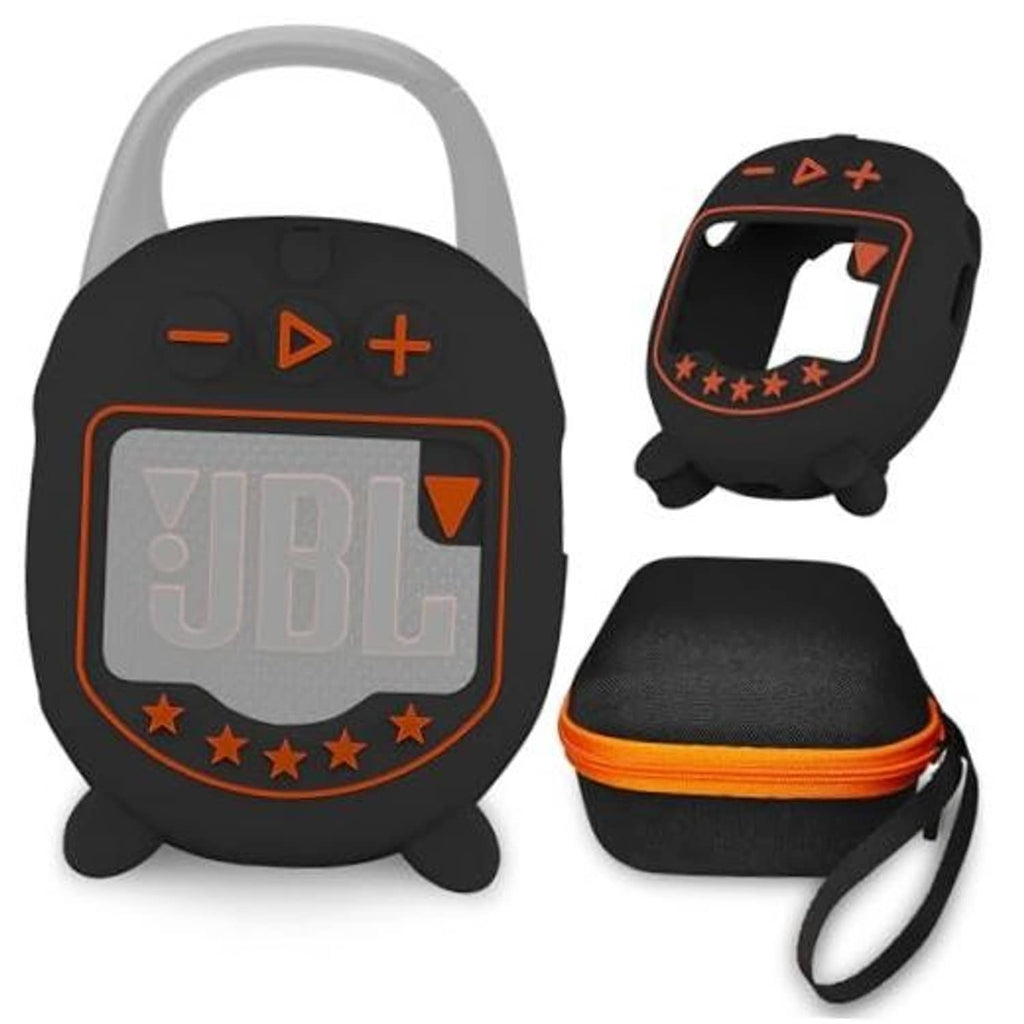 Black hard EVA and silicone speaker case with orange trim and front display window