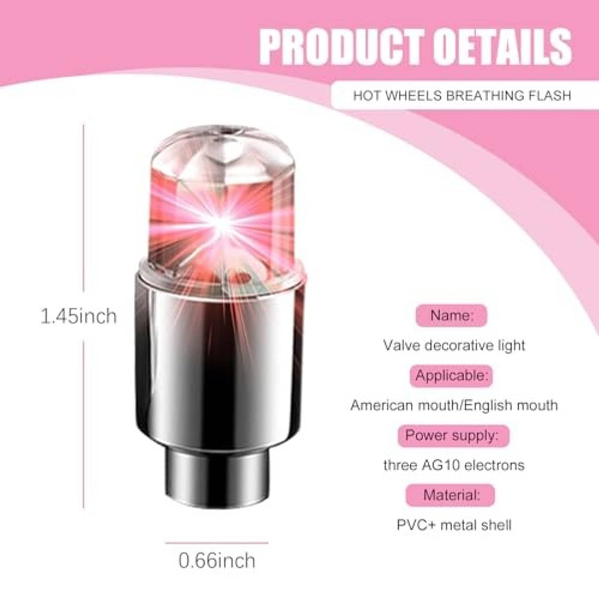 Chrome tire valve stem cap with red LED light dome close-up