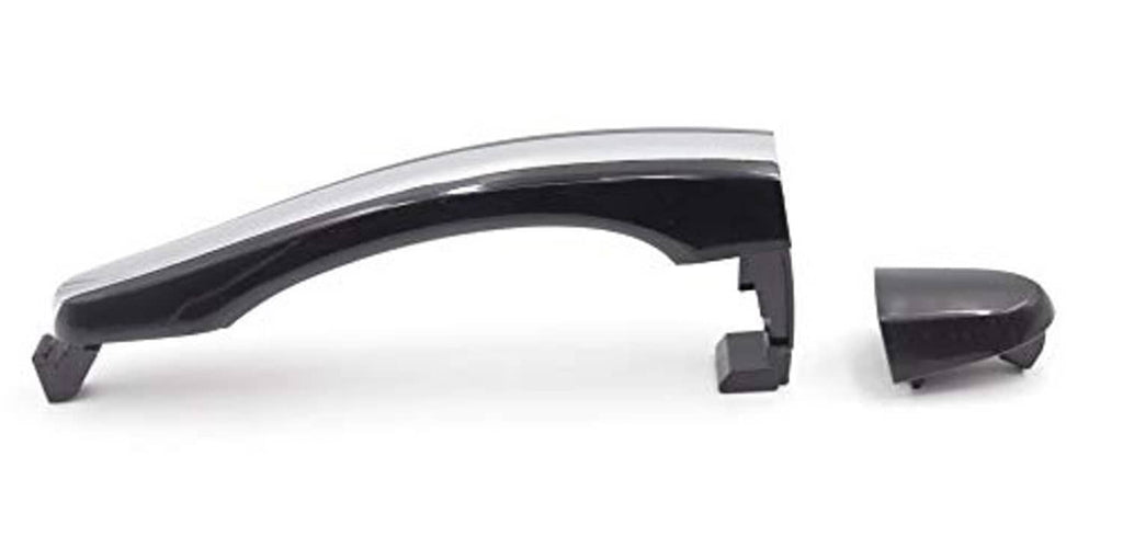 Chrome and black exterior door handle, side view with mounting tabs