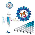 Blue wind chime outdoor set with 3D blue flower, butterflies, and hanging metal tubes