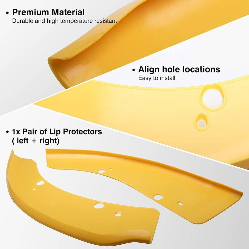 Yellow front lip splitter protector pair with curved shape and round mounting holes