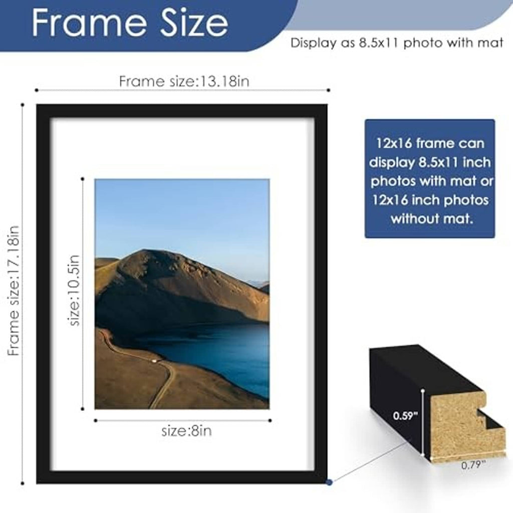 Black picture frame with white mat showing an 8.5x11 landscape photo