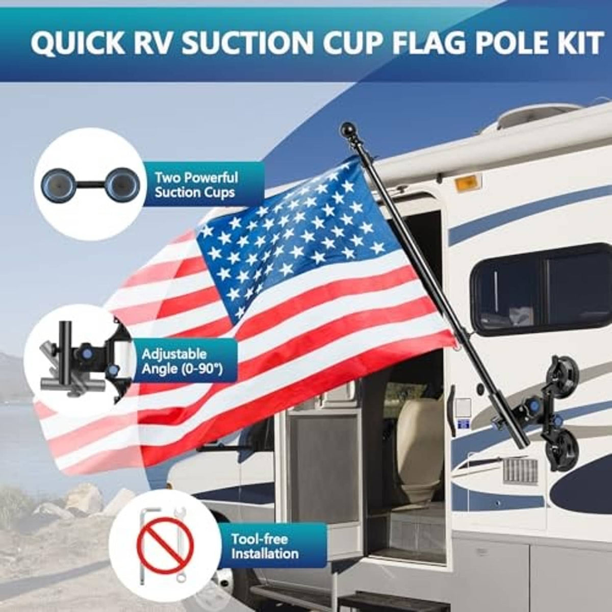 RV suction cup flag pole kit with adjustable angle mount and twin suction bases