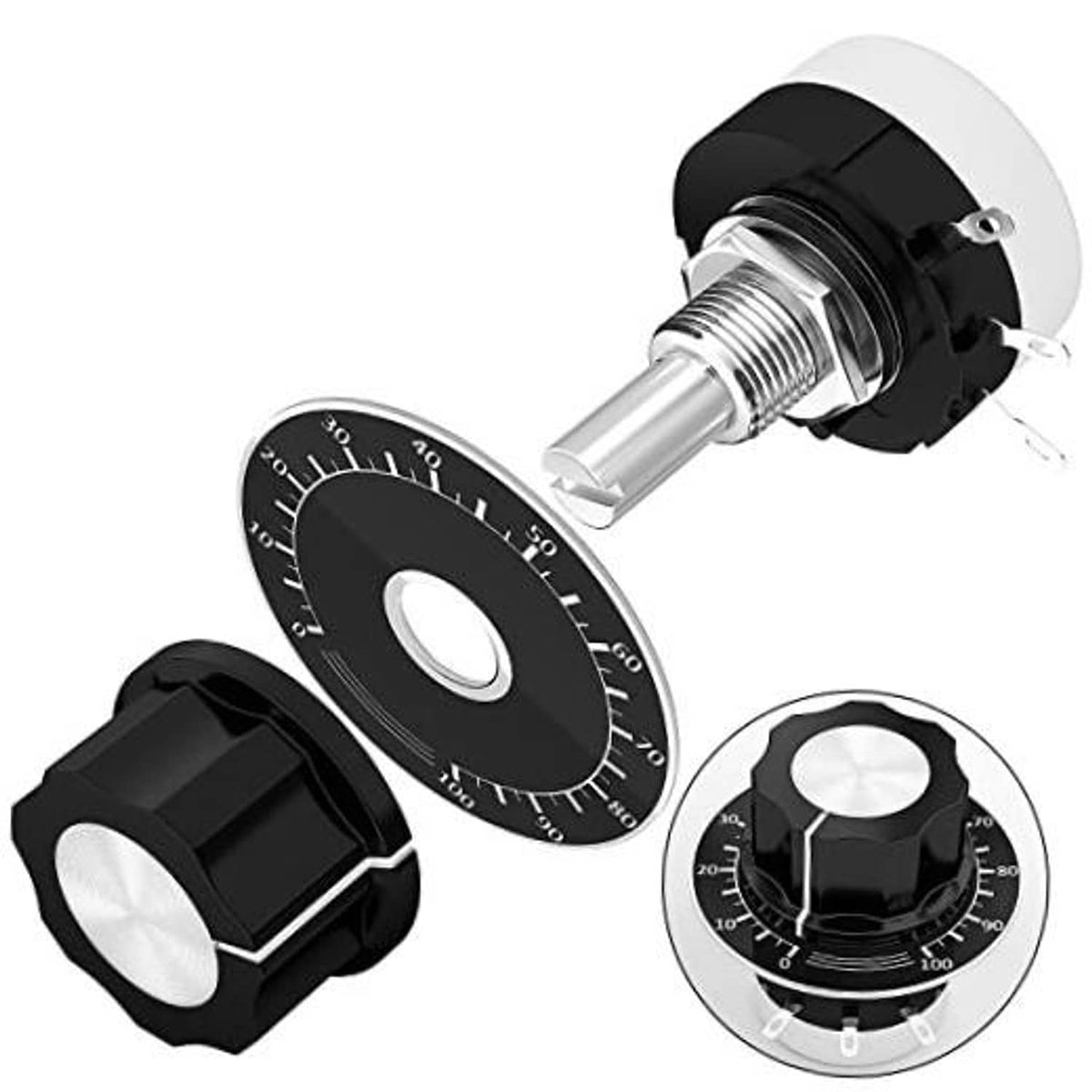 Rotary potentiometer with black dial, knurled metal shaft, and mounting hardware terminals