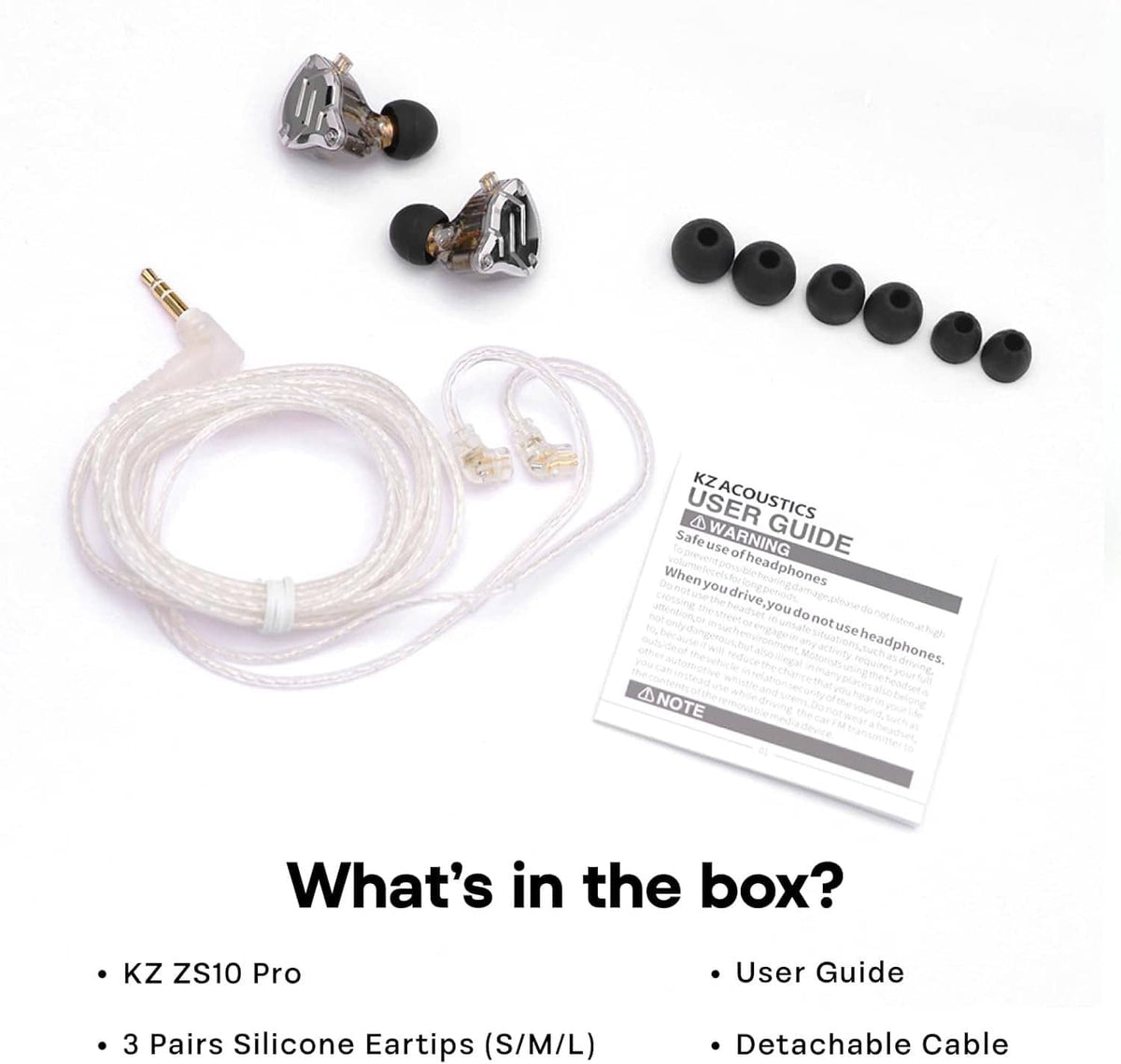 In-ear monitor kit with clear cable, silicone eartips, earbuds, and user guide