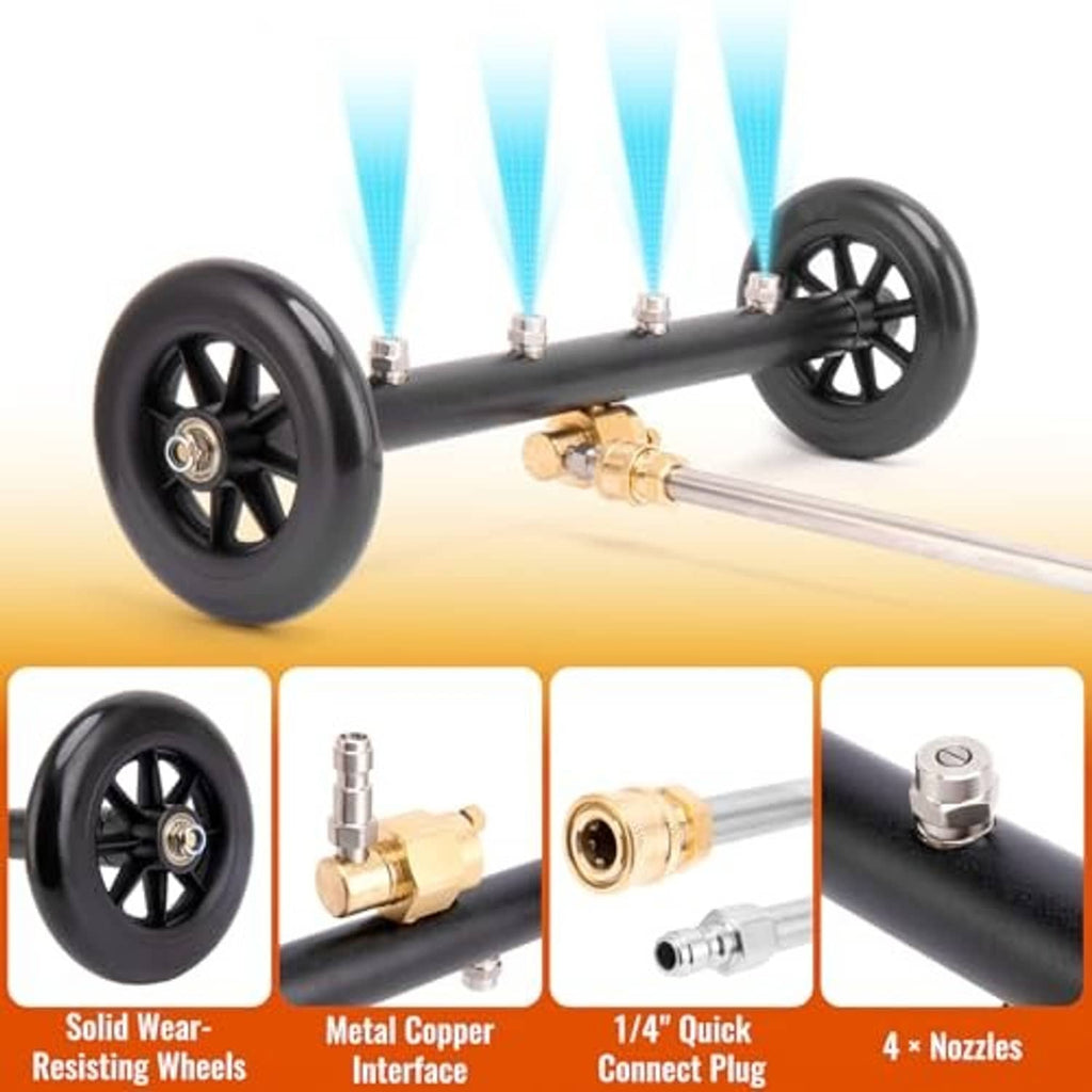 Undercarriage pressure washer wand with black wheels, brass connector, and nozzle assembly