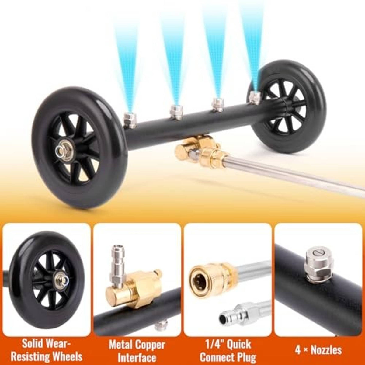 Undercarriage pressure washer wand with black wheels, brass connector, and nozzle assembly