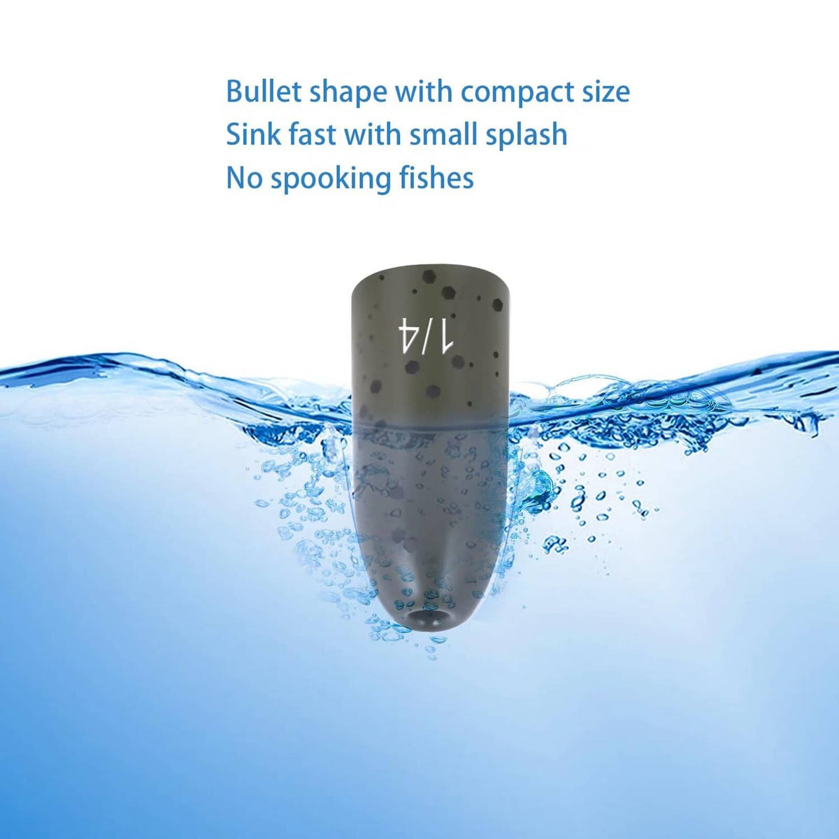 Single dark green bullet fishing weight submerged, bullet shape with marking.