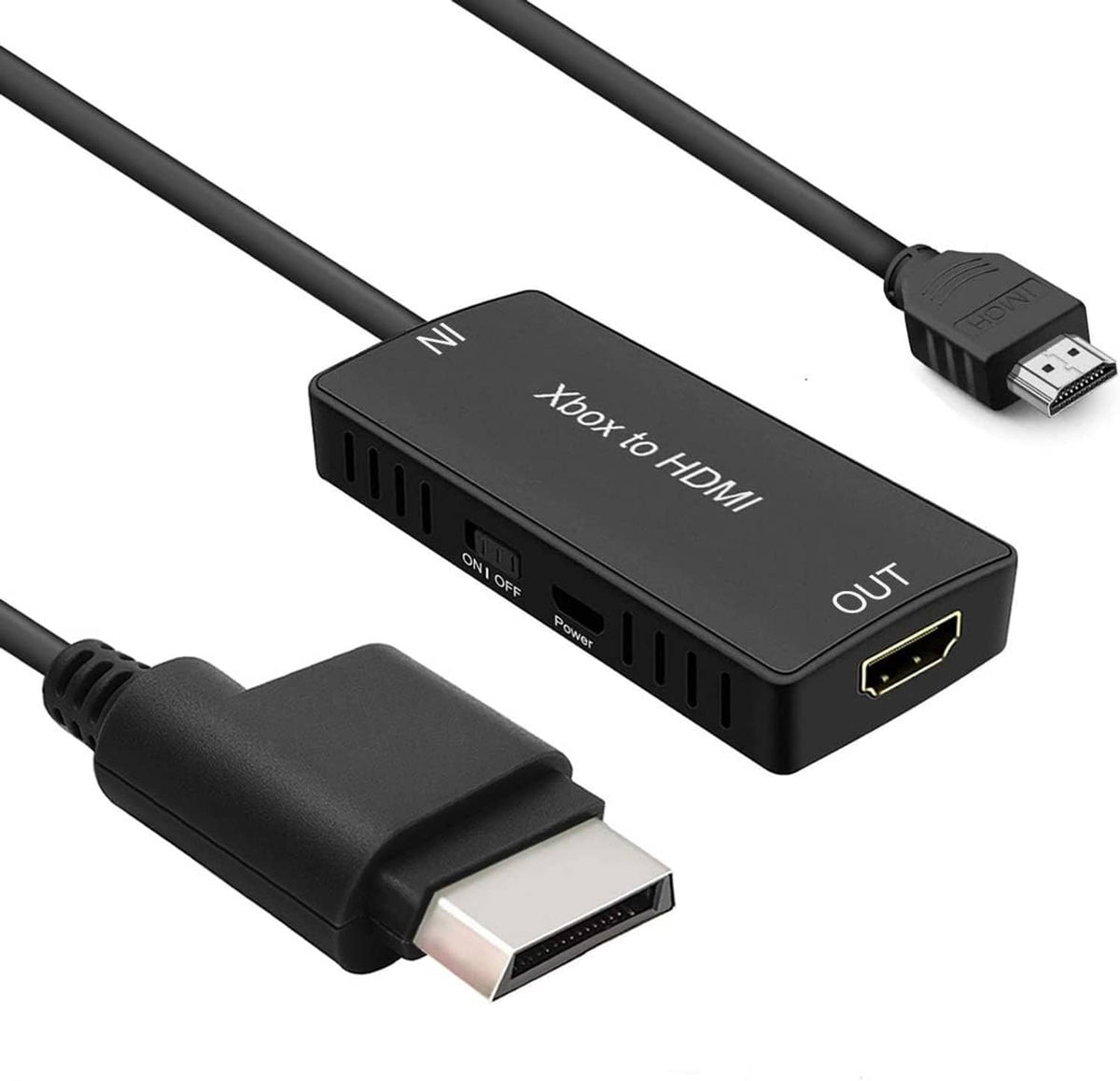 Xbox 360 to HDMI converter with black cable, HDMI OUT port and Xbox connector