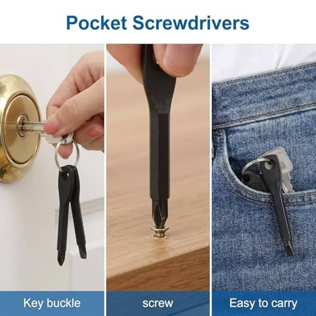Pocket keychain screwdrivers with multiple tips, shown on key buckle and screws