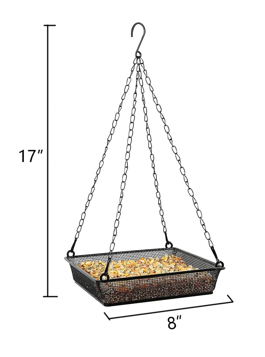 Black 8-inch square hanging bird feeder tray with metal mesh platform and chains